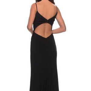 La Femme Black Ruched Cut Out Back Jersey Trumpet Gown